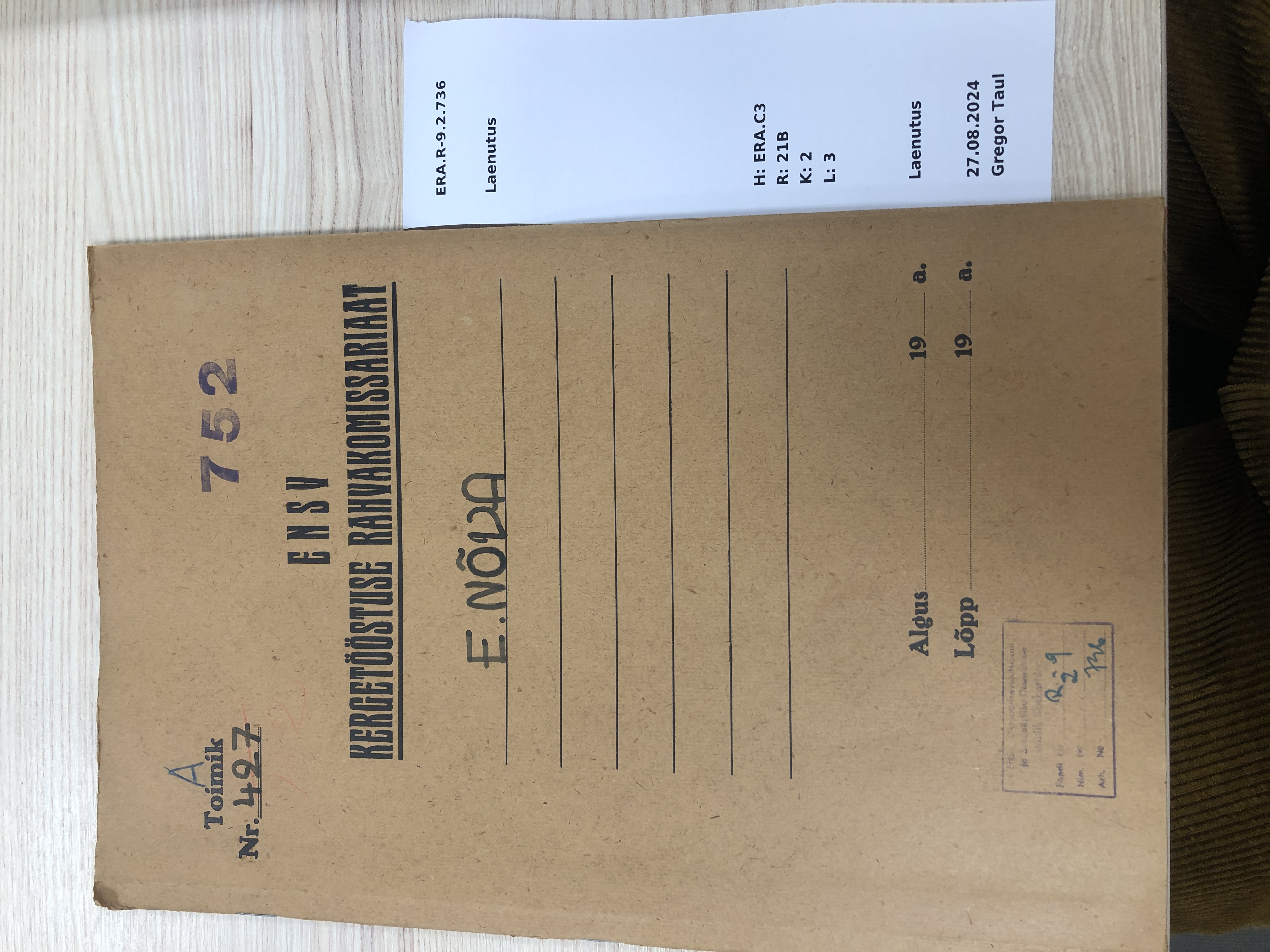 Erika Nõva's personal file in the Estonian National Archives in Tartu, 2024. Photo credits: Gregor Taul